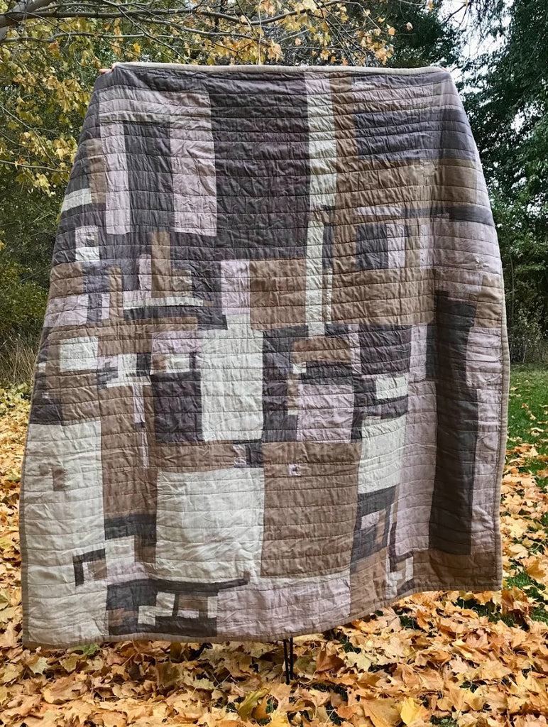 Chad Wentzel, Handmade Quilt in Brown, Mint, Lavender, and Grey (74" x 82")