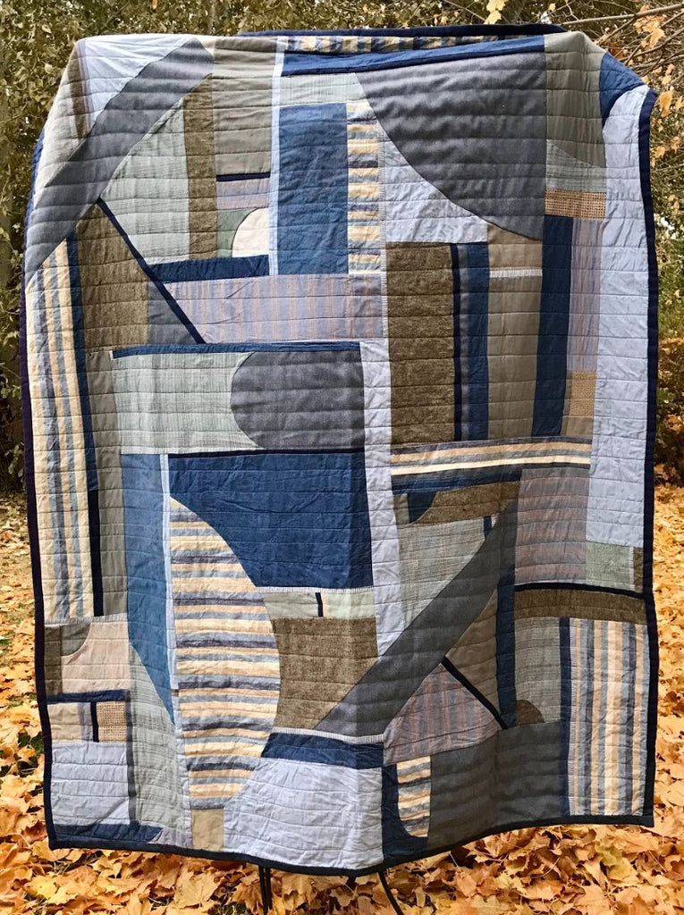 Chad Wentzel, Handmade Quilt in Blue, Brown, and Grey (72" x 90")
