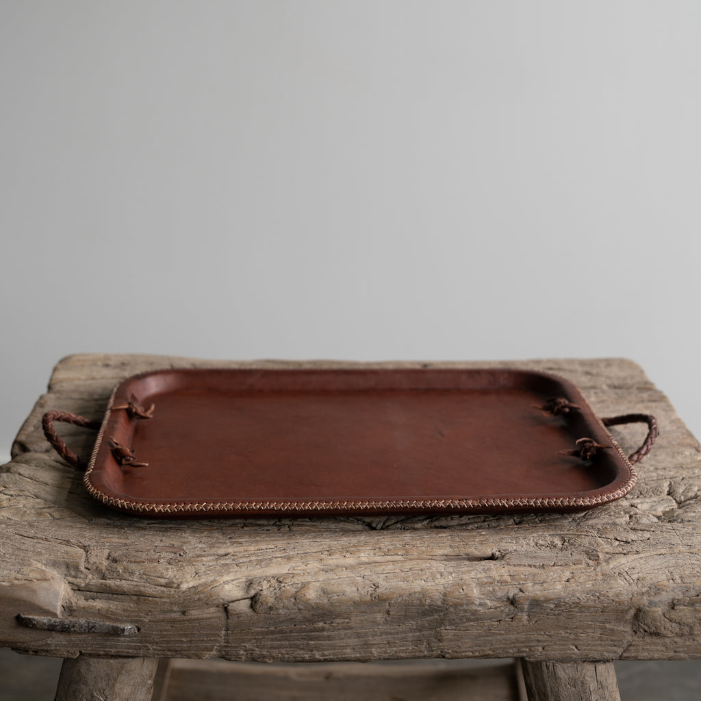 Leather Serving Tray with Braided Handles