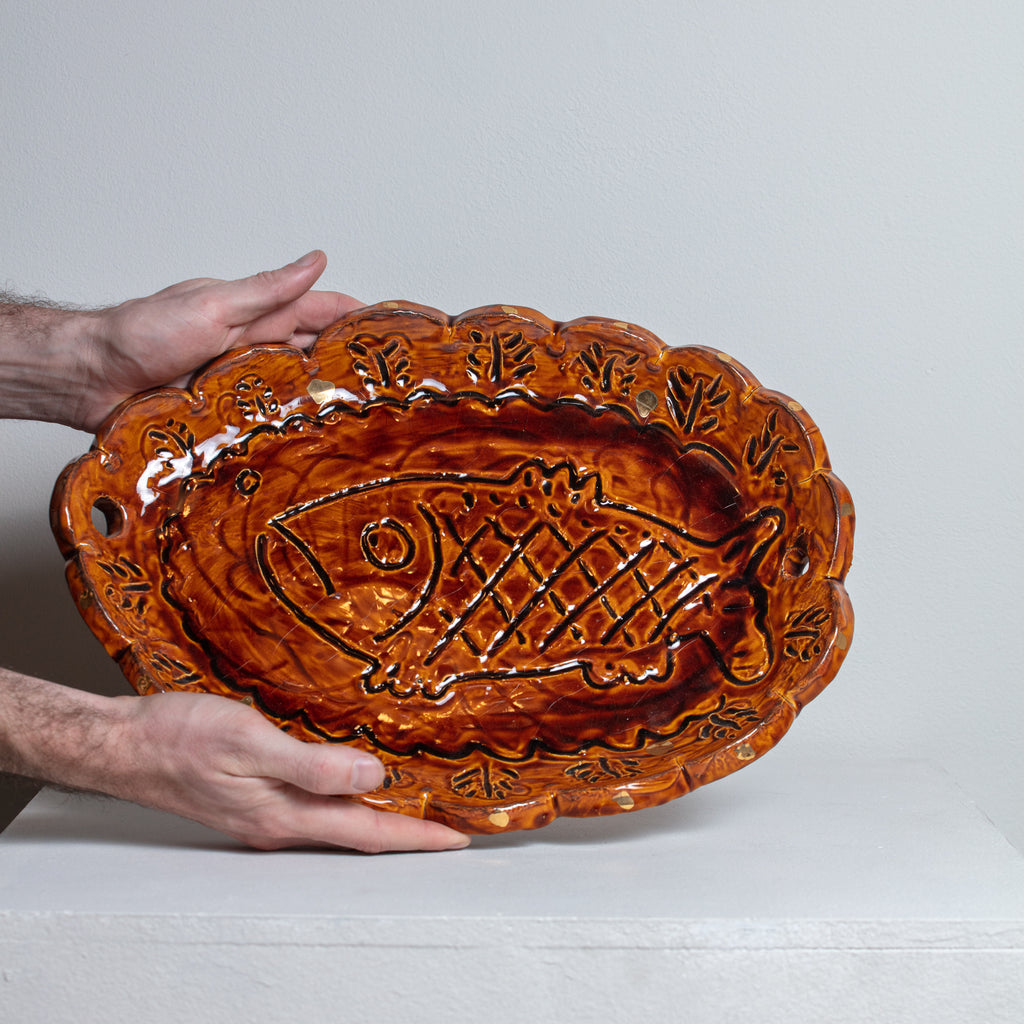 Jeffry Mitchell, Brown Glazed Ceramic Fish Platter with Scalloped Edges