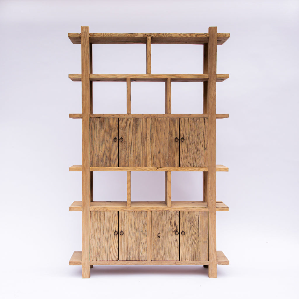 Japanese Reclaimed Elm Wood Bookcase with Doors