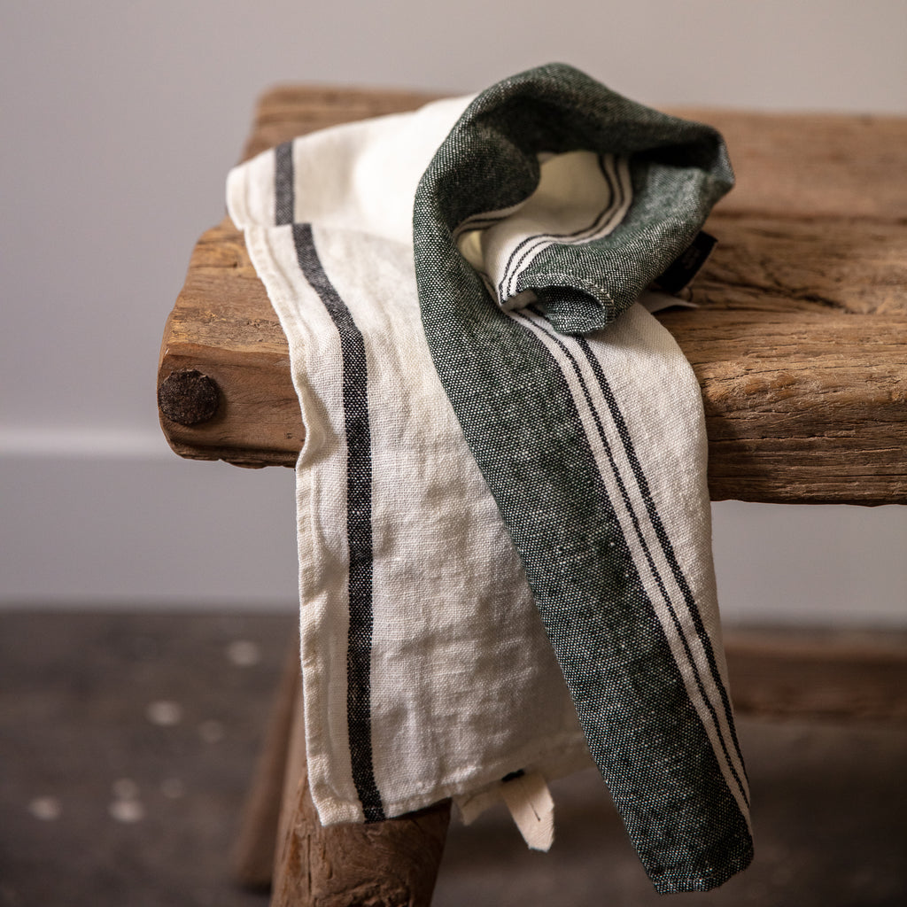 French Linen Tea Towel - cream and larch