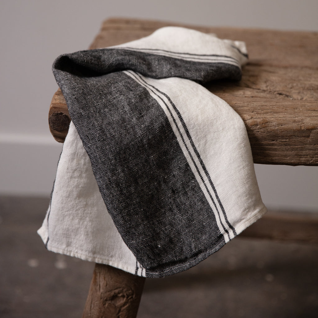 French Linen Tea Towel - cream and charcoal